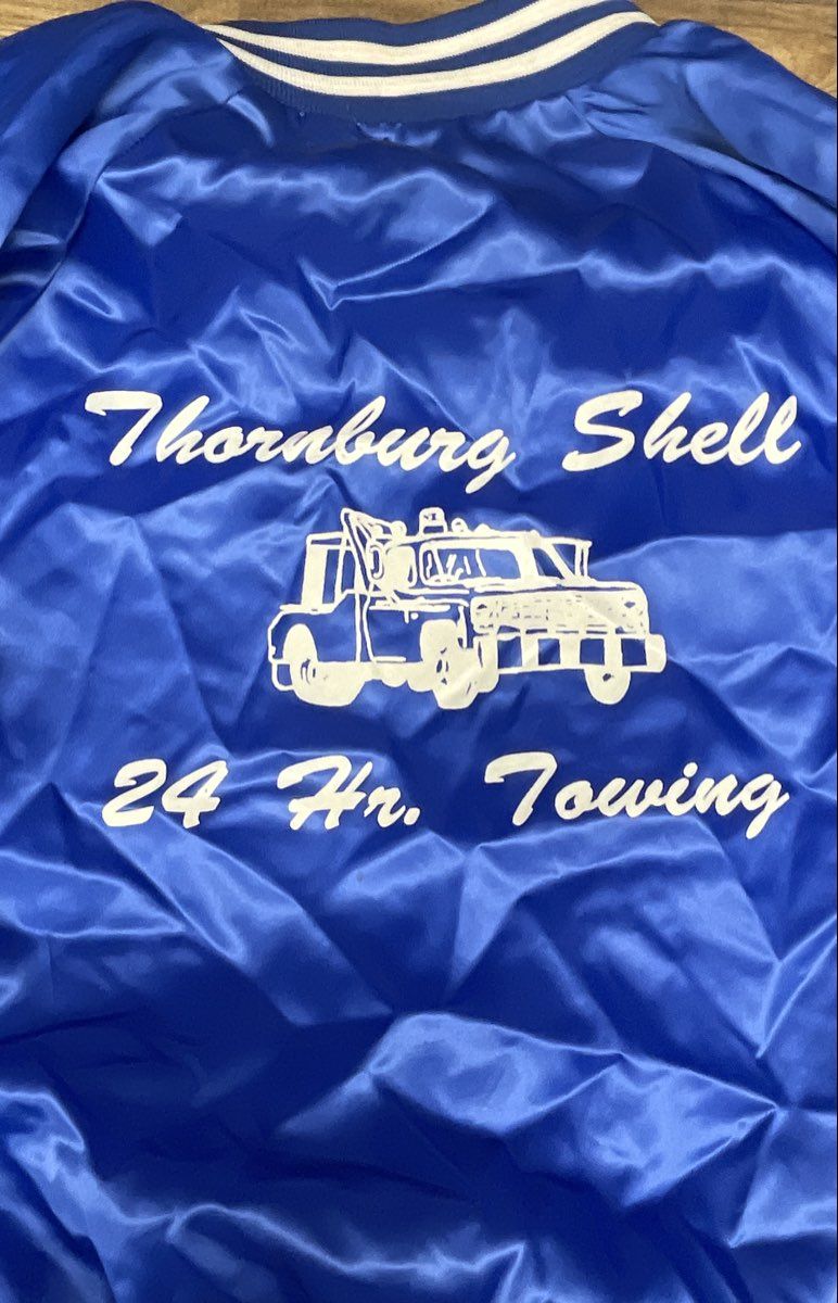 Vintage 80s Thornburg Shell 24 Hr Towing Satin Bomber Jacket Blue XL USA