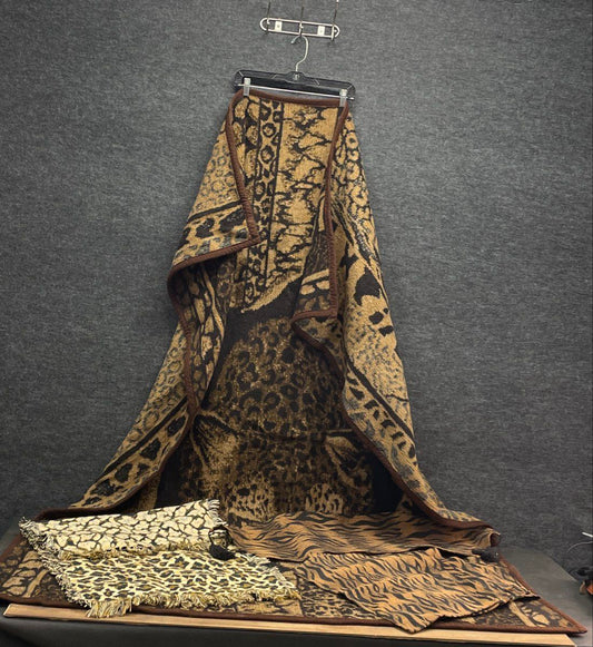 Vintage Animal Print Jacquard Woven Blanket Throw & Placemat Set 7pc Lot