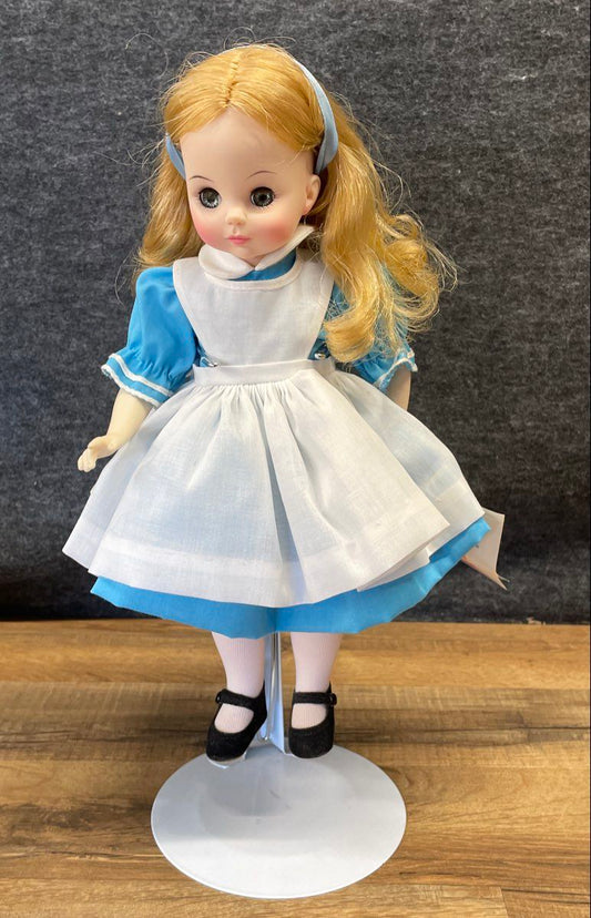 Madame Alexander Alice in Wonderland Porcelain Doll Vintage with Tag & Stand