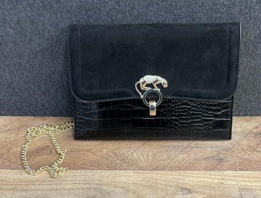 Topshop Black Croc Embossed Faux Leather Suede Panther Chain Crossbody Bag