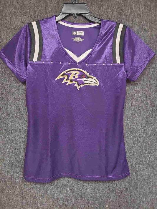 Baltimore Ravens NFL Team Apparel Women's V-Neck Jersey Top Rhinestones Sz L