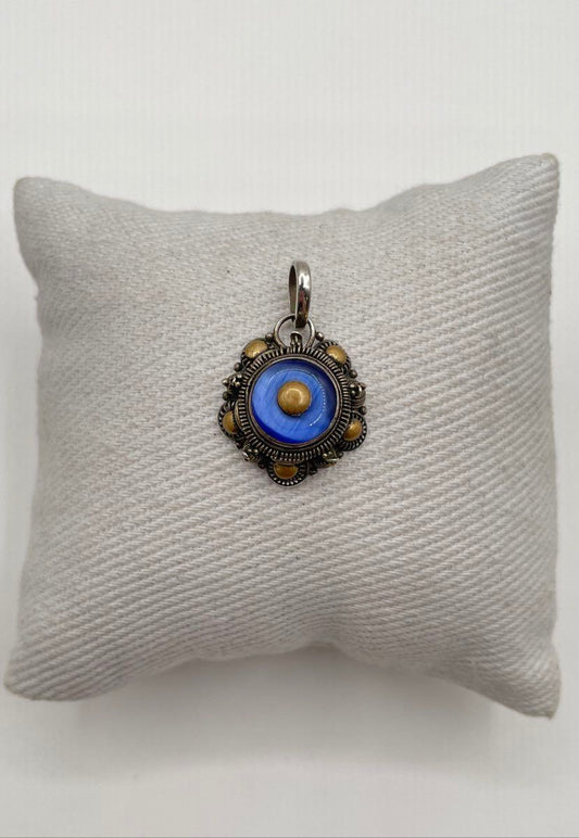 Two-Tone 925 Sterling Silver Blue Cat's Eye Glass Stone Wirework Pendant 3.5g