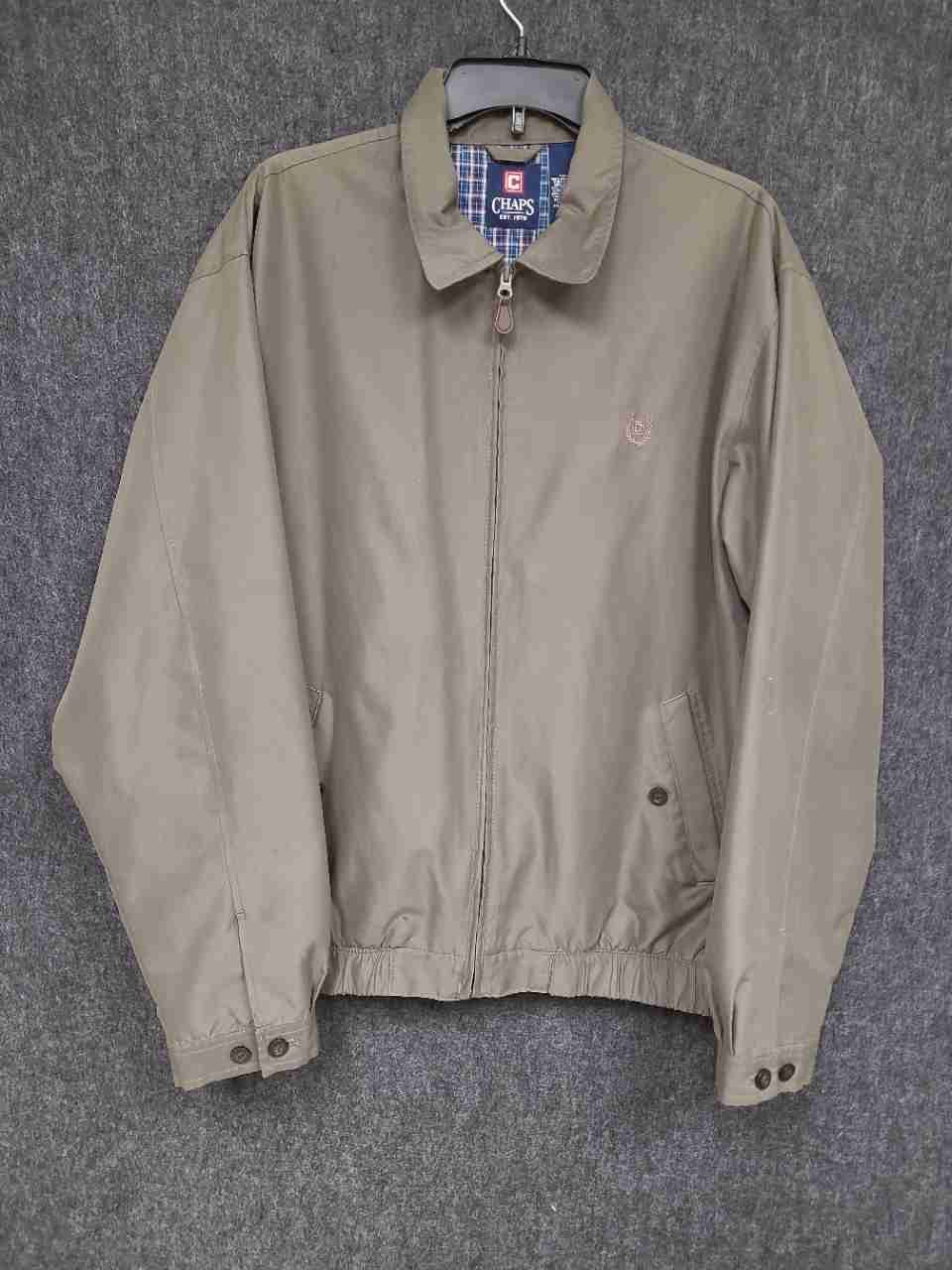 Chaps Men's Full Zip Harrington Jacket Tan Olive Plaid Lined Sz L