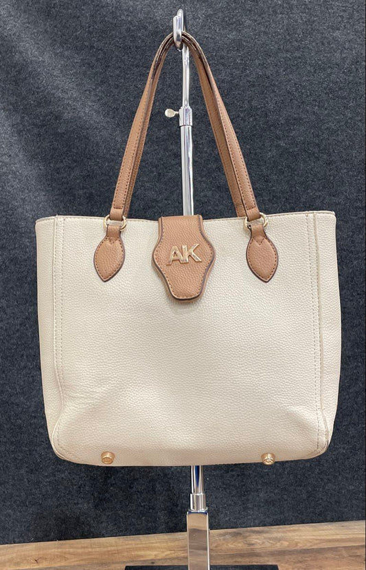 Anne Klein White Pebbled Leather Tote Bag Gold Hardware AK Logo