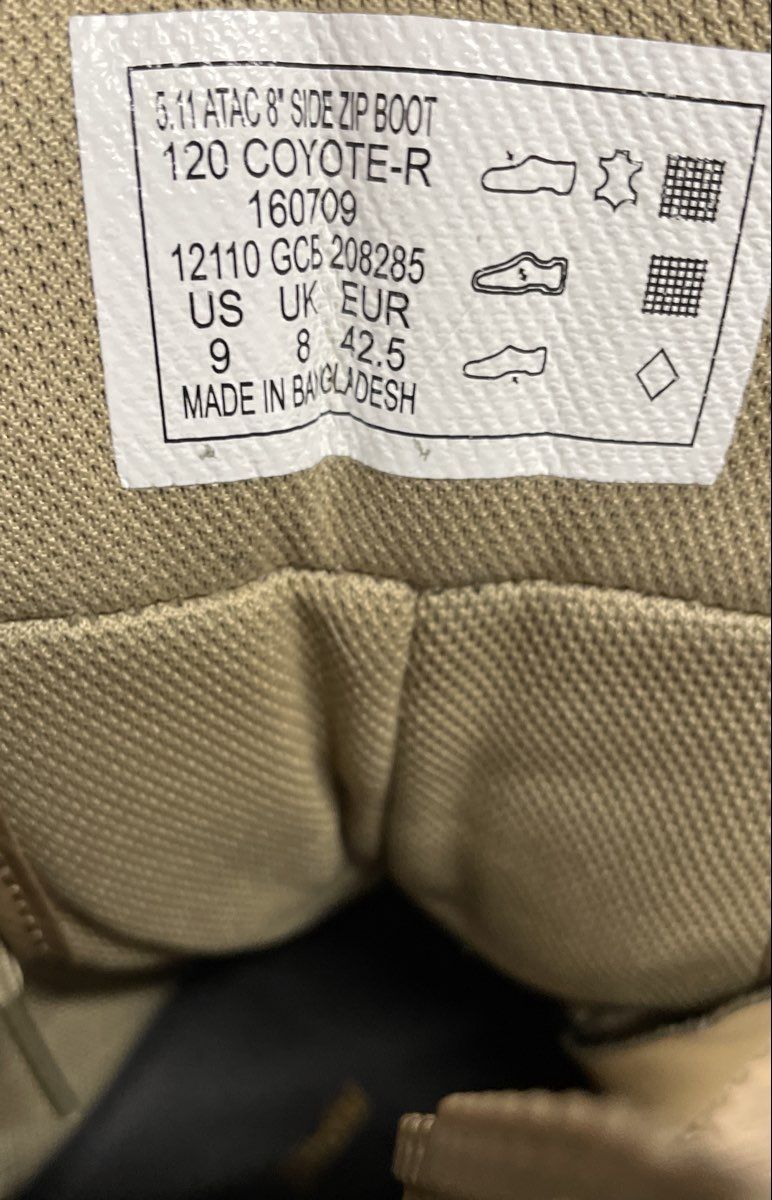 5.11 Tactical A.T.A.C. 2.0 8" Side Zip Tactical Boots Coyote Size 9