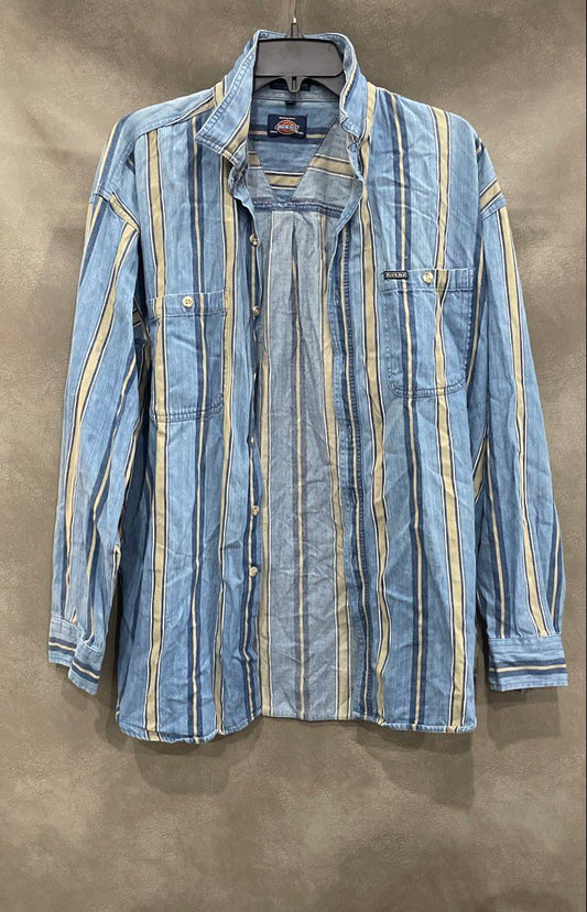 Vintage 90s Dickies Striped Long Sleeve Button Up Work Shirt Sz L