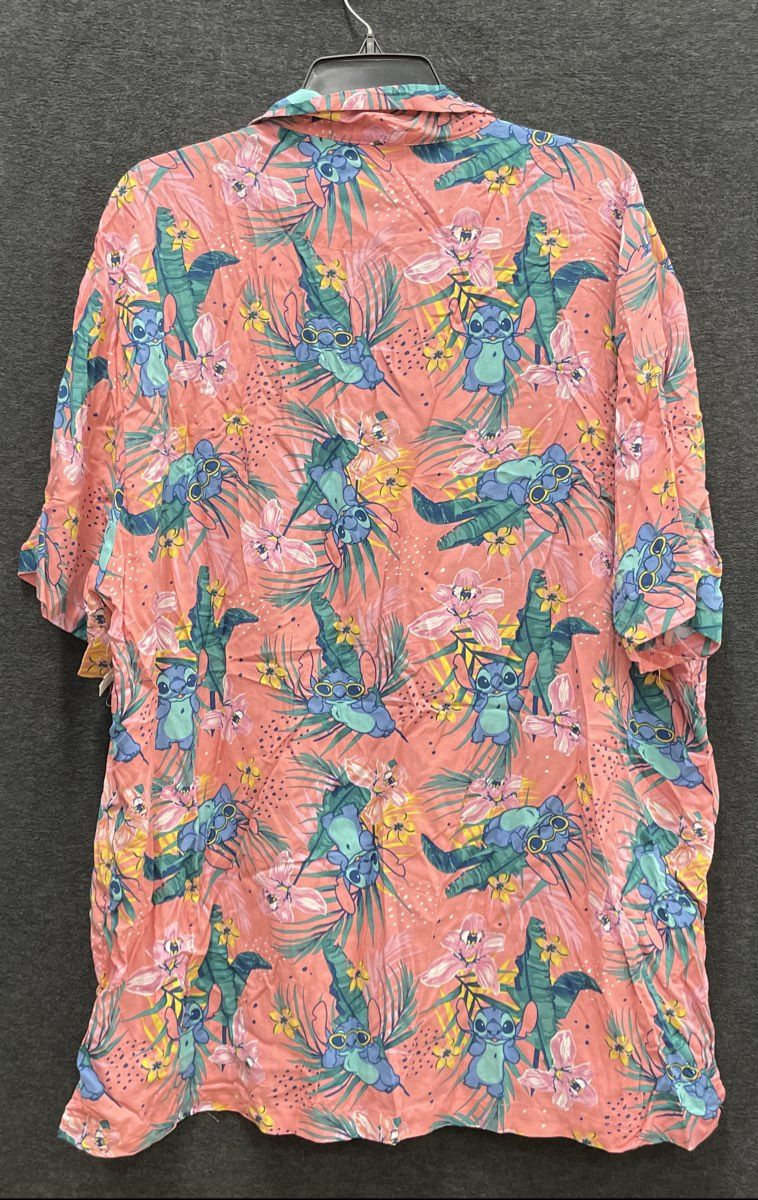 Disney Men's Stitch Pink Hawaiian Tropical Floral Button Down Camp Shirt Sz XXL