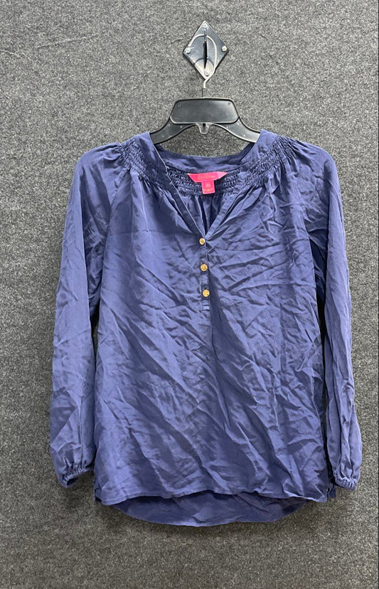 Lilly Pulitzer Women's Navy Blue 100% Silk Smocked Henley Blouse Size XS