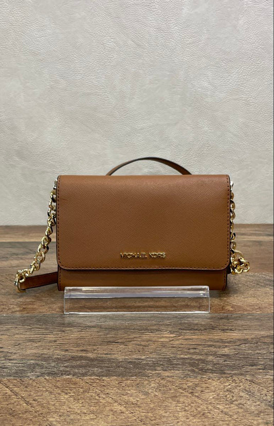 Michael Kors Brown Saffiano Leather Crossbody Bag Gold Hardware Wallet on Chain