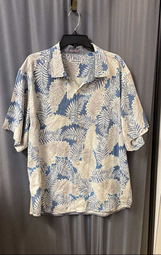Tommy Bahama Men's Blue White Palm Leaf Striped Silk Blend Aloha Shirt Sz XXL