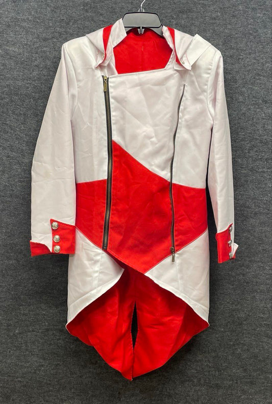 White Red Asymmetrical Zip Hooded Cosplay Tailcoat Jacket Silver Crest Buttons