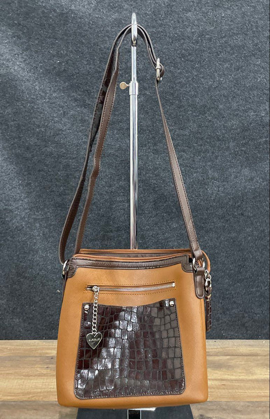 Aurielle Brown Leather Crossbody Bag Faux Croc Trim Heart Charm