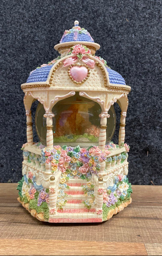 Vintage Gazebo Music Box Water Globe Plays "The Sound of Music" Floral Rabbits