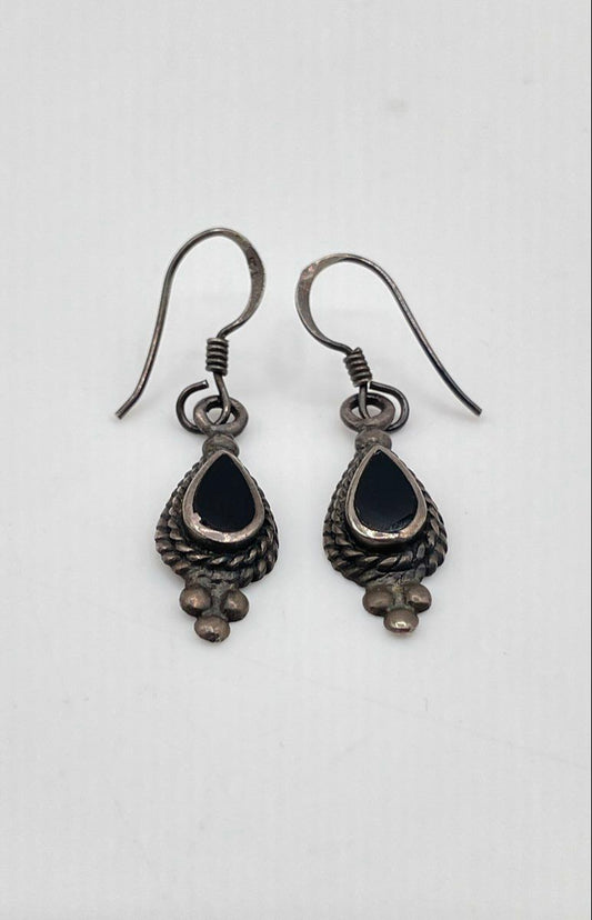 Marsala 925 Sterling Silver Black Onyx Teardrop Rope Bezel Dangle Earrings 2.7g