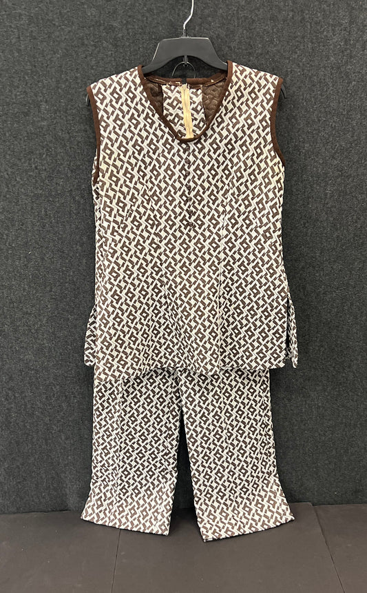 Vintage 70s Women's 2-Piece Tunic Top & Pants Set Brown White Geometric