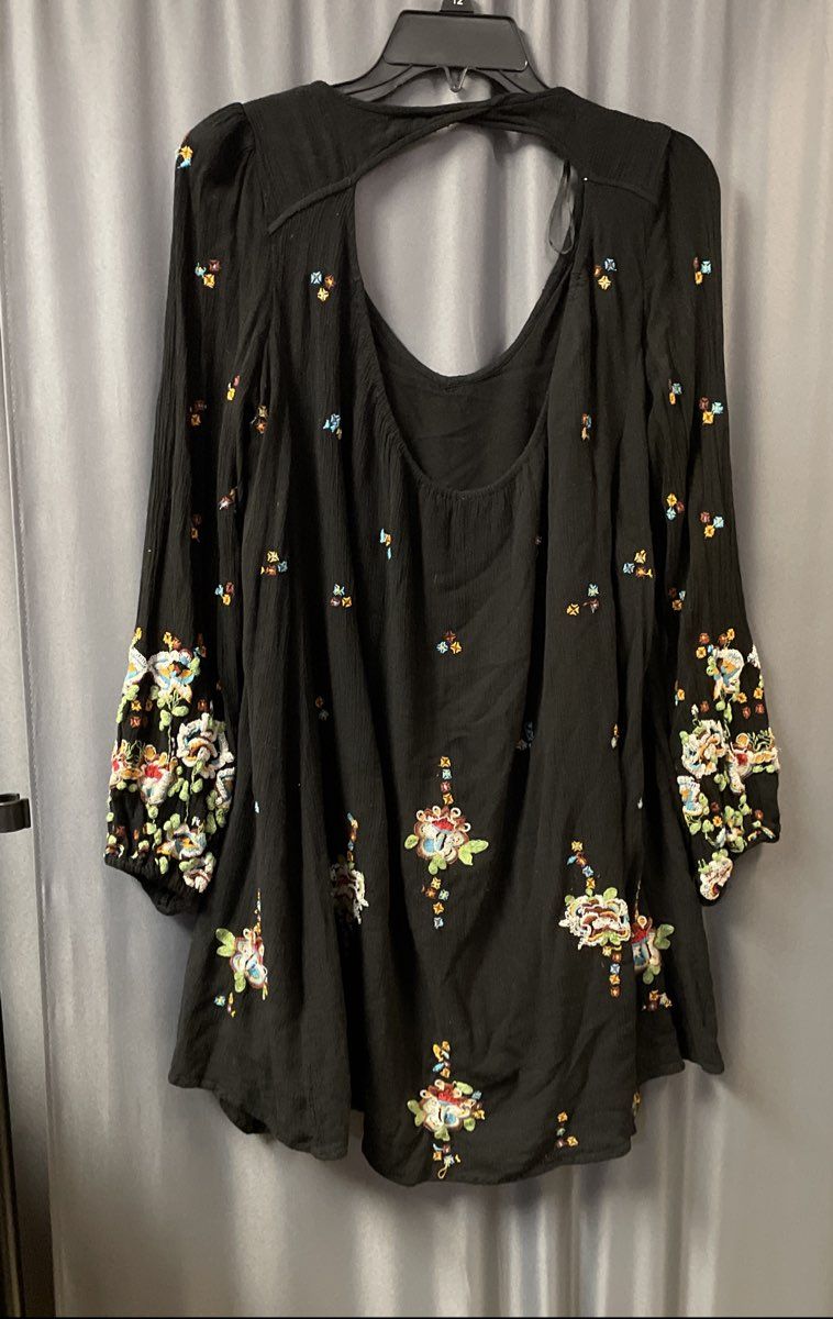 Free People Women's Black Oxford Embroidered Mini Dress Boho Peasant Sz M