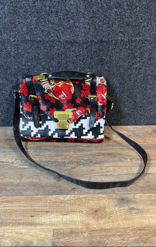 Fox Trot Handbag Houndstooth Floral Skull Satchel Crossbody Gold Tone Hardware