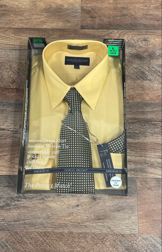 Giorgio Brutini Men's Yellow Dress Shirt Tie Box Set Sz L 16-16.5 34/35 NWT