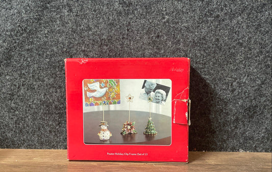 Vintage Holiday Pewter Clip Photo Holder Set of 3 Snowman Tree Poinsettia
