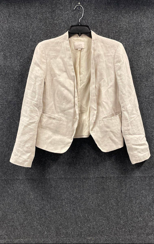 Loft Women's Beige 100% Linen Herringbone Open Front Cropped Blazer Sz 8
