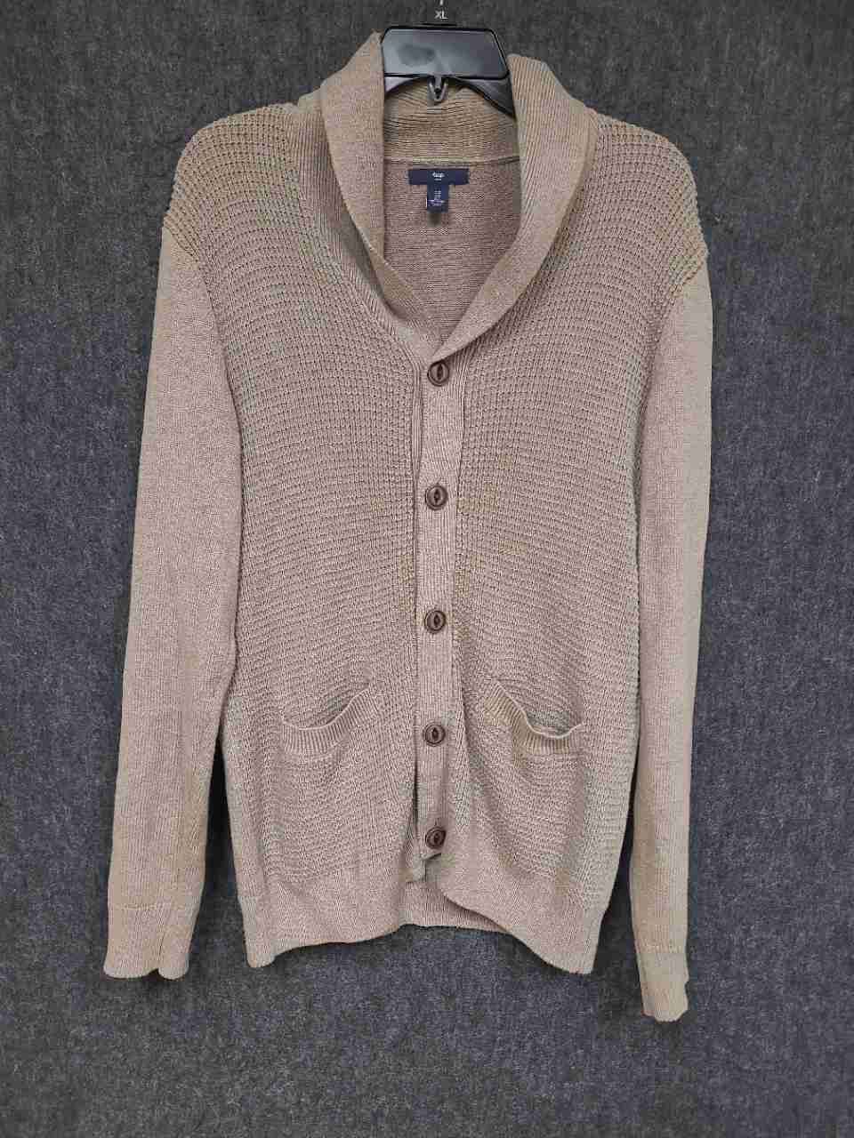 Gap Men's Tan Shawl Collar Cardigan Sweater Cotton Waffle Knit Sz S