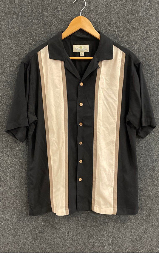 Island Shores Men's Black Panelled Washable Silk Camp Collar Button Up Shirt M