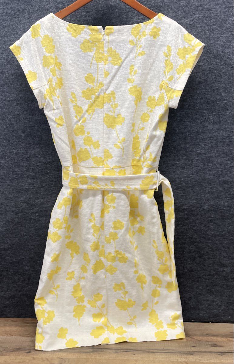 Ann Taylor Women's White Yellow Floral Belted Cap Sleeve Sheath Dress Sz 10 NWT