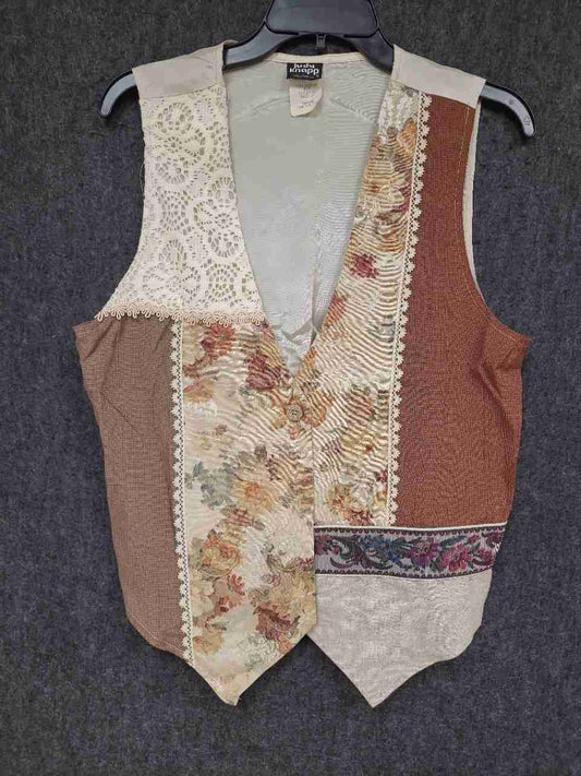 Vintage 90s Judy Knapp Women's Patchwork Floral Lace Tapestry Vest Sz M