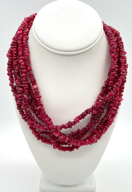 Multi-Strand Red Glass Rondelle Bead Necklace w/ 925 Sterling Silver Clasp 155g