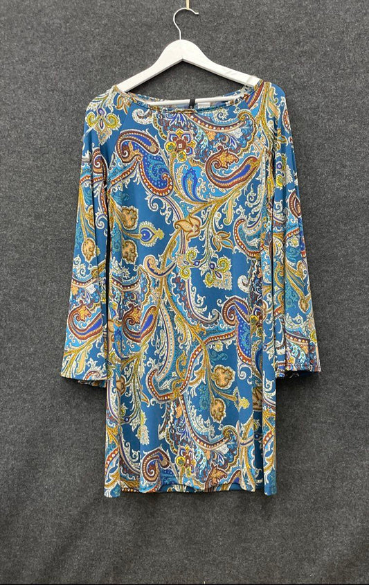 Chiasso Women's Blue Multicolor Paisley Bell Sleeve Boat Neck Mini Dress Sz S