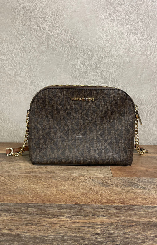 Michael Kors Brown Jet Set Travel Logo Dome Crossbody Bag Gold Hardware