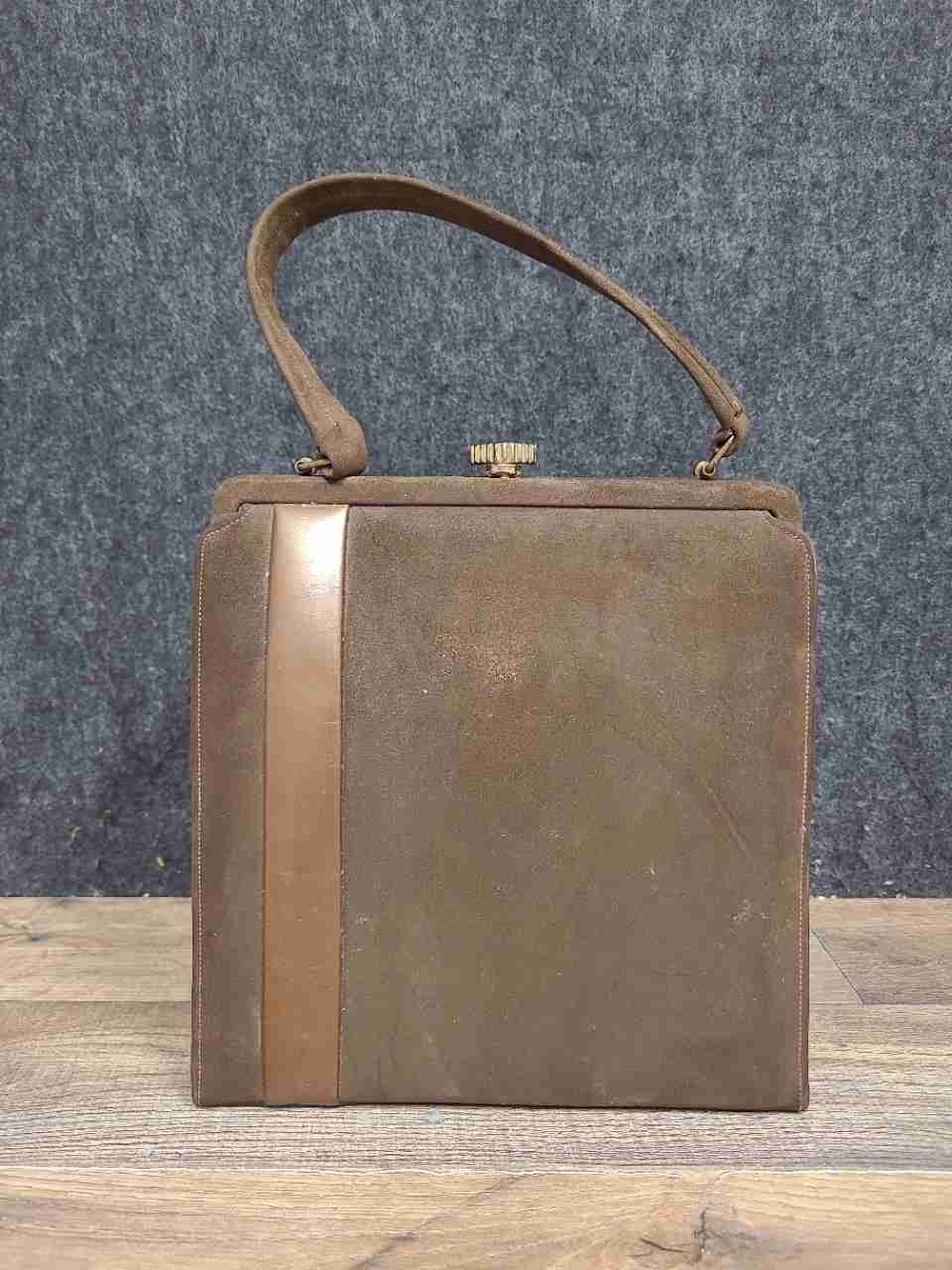 Vintage 1950s Brown Suede Leather Stripe Top Handle Frame Bag Handbag