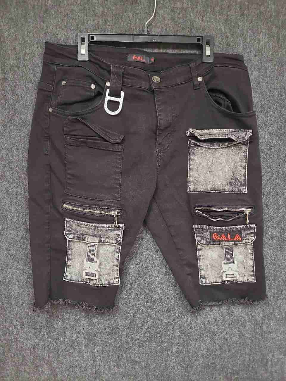 Gala Men's Black Tactical Multi-Pocket Acid Wash Cargo Denim Shorts Size 38