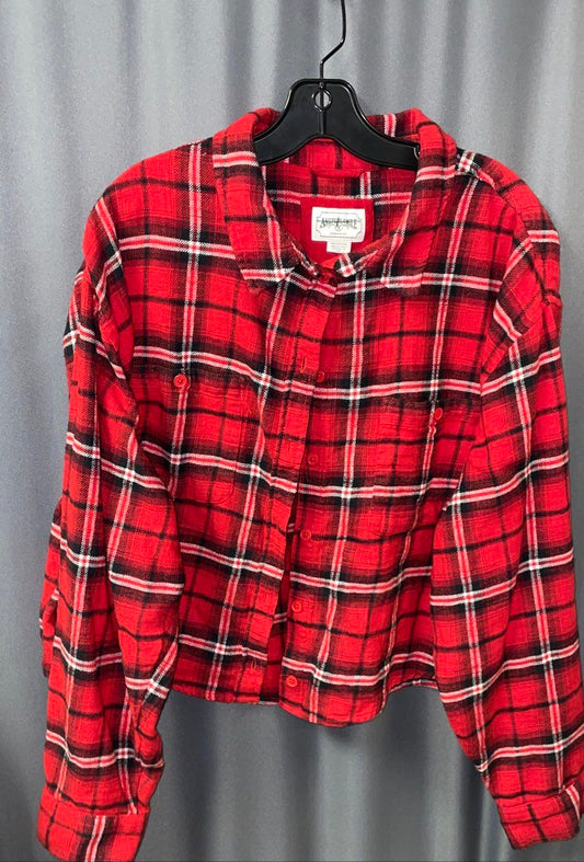 American Eagle Women's Red Plaid Flannel Cropped Button Up Shirt Sz XXL