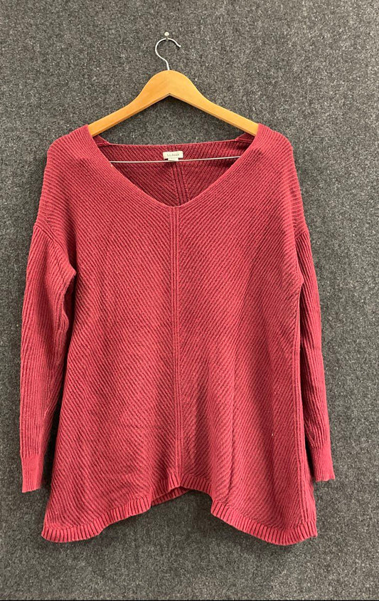 L.L.Bean Women's Burgundy 100% Cotton V-Neck Ribbed Knit Relaxed Sweater Sz M