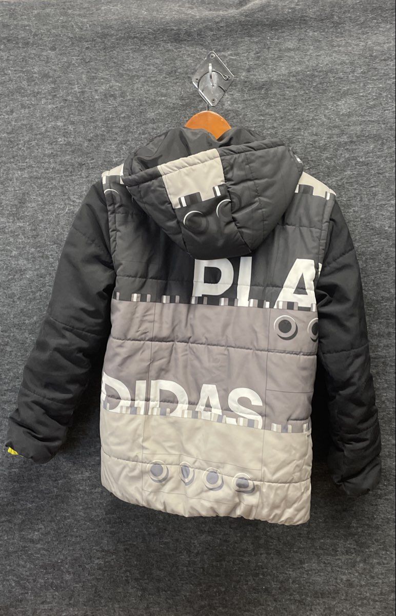 Adidas x LEGO Youth Graphic Puffer Jacket Black Grey Hooded Padded Size M