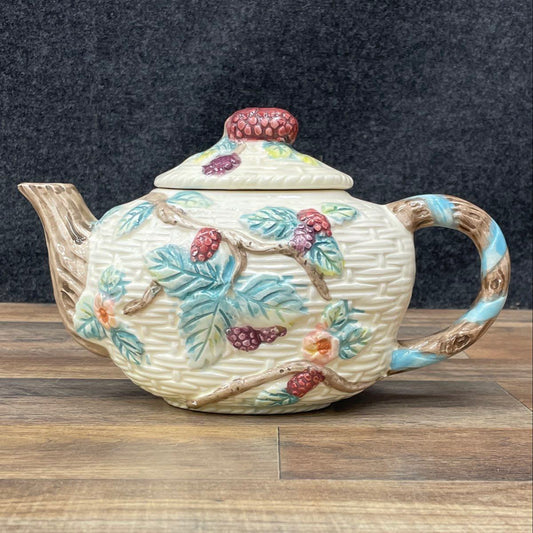 Vintage Majolica Style Blackberry Teapot Ceramic Basketweave Hand Painted
