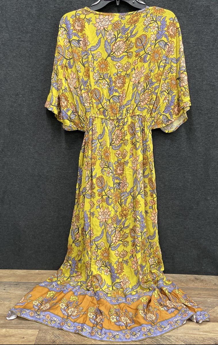 World Market Women's Boho Floral Maxi Dress Yellow Rayon V-Neck Tassel Sz L/XL