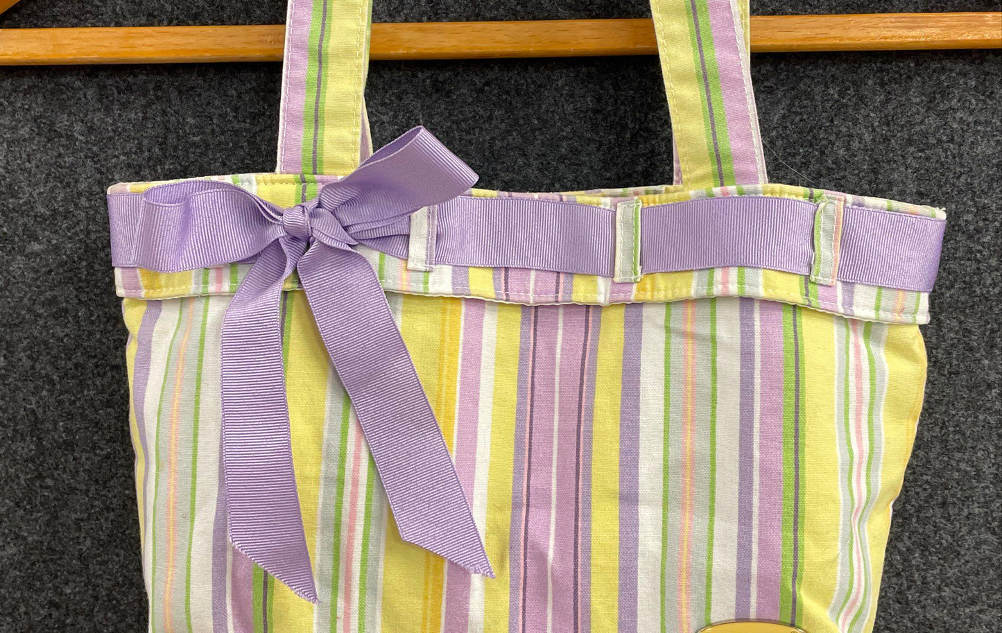 Longaberger Purple Yellow Striped Canvas Fabric Tote Bag Small Ribbon Bow