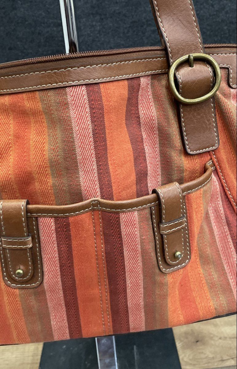 Kim Rogers Orange Multi Striped Canvas Shoulder Bag Handbag Brown Trim