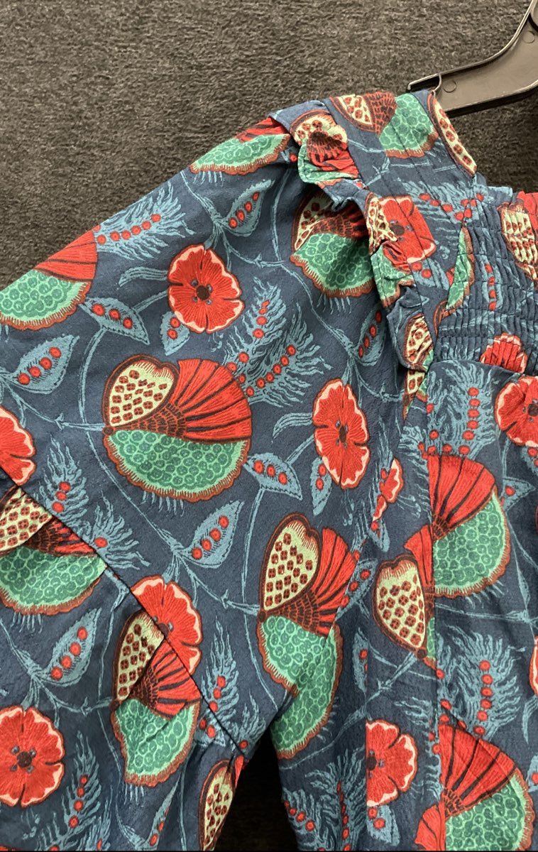 Maeve Anthropologie Women's Blue Floral Smocked Ruffle Sleeve Viscose Top Sz S