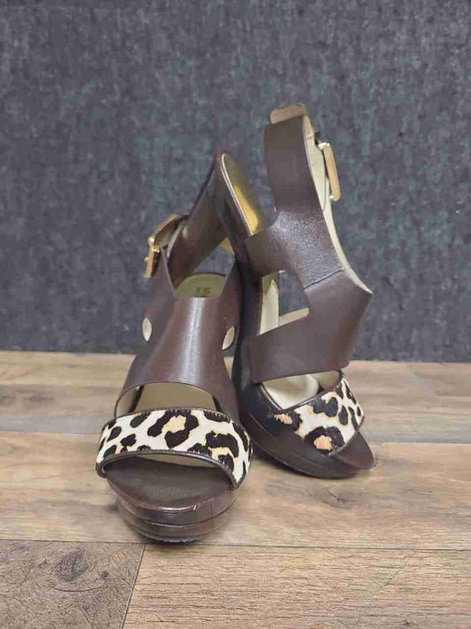 Michael Kors Leather & Hair Calf Brown Leopard Platform Heel Sandals Size 8M