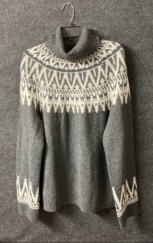 H&M Women's Gray White Jacquard Knit Fair Isle Turtleneck Sweater Size M
