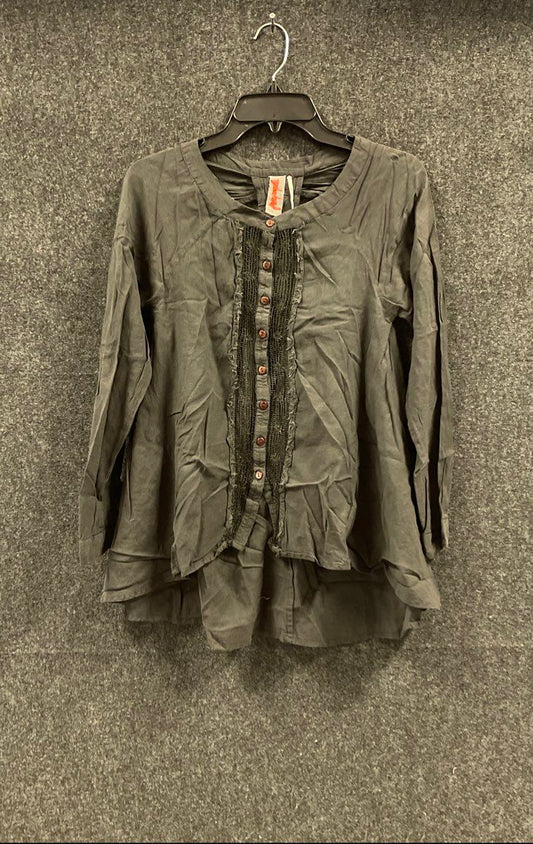 Free People Women's Gray Boho Tunic Blouse Crochet Back Button Front Sz XS