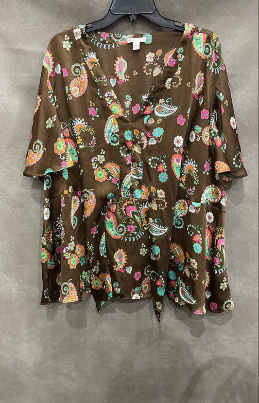 Cato Women's Brown Floral Paisley Flutter Sleeve V-Neck Peplum Blouse Sz 26/28WP