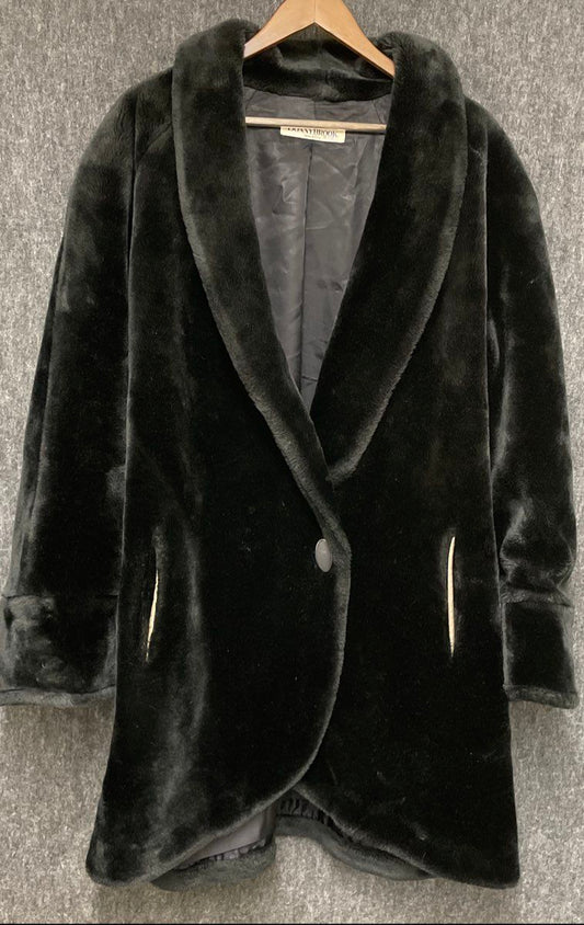 Vintage 80s Donnybrook Women's Black Faux Fur Shawl Collar Coat USA Size M