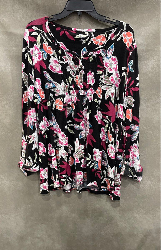 Kim Rogers Women's Black Floral Rayon Long Sleeve Smocked Button Front Top Sz XL