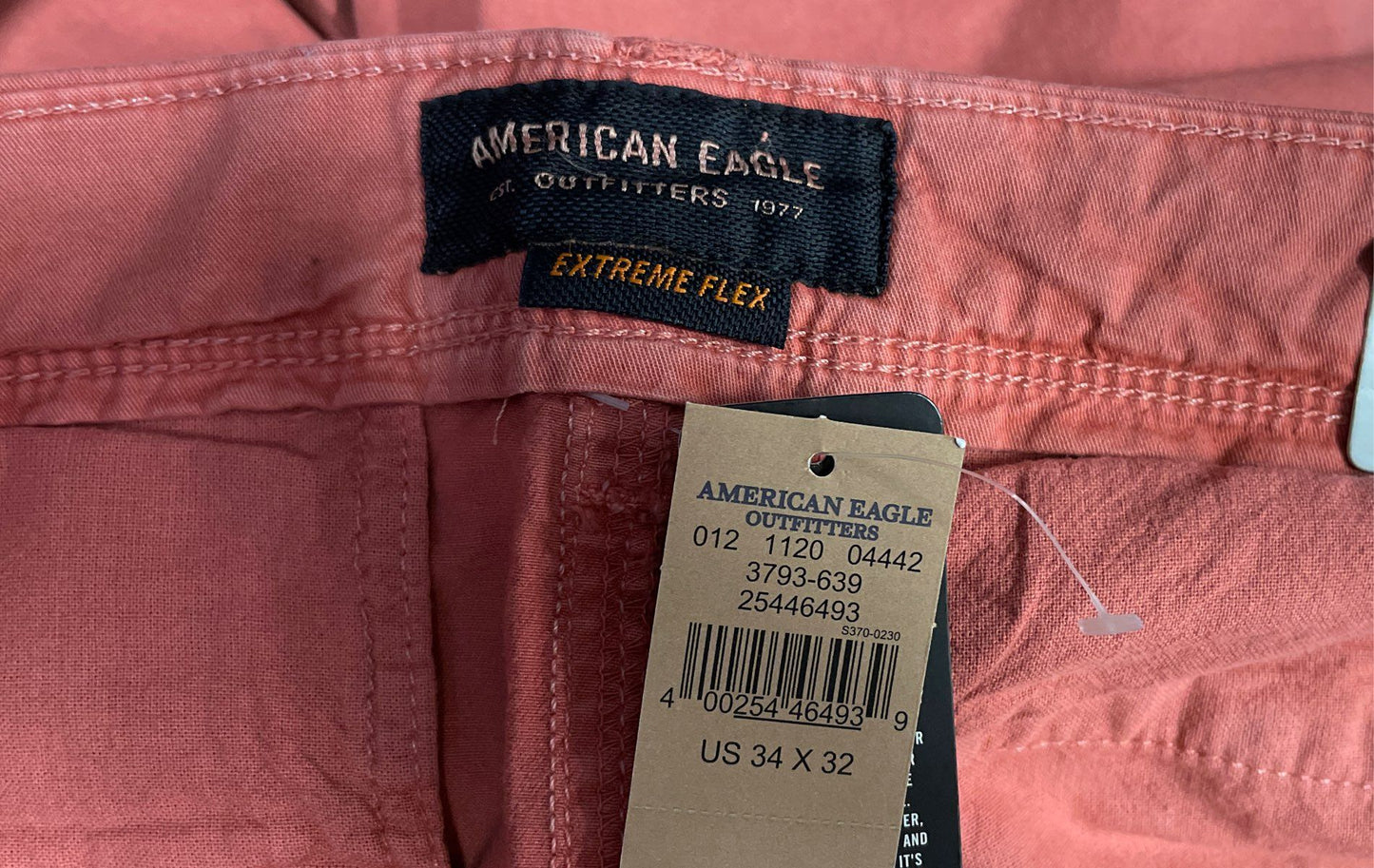 American Eagle Men's NWT Extreme Flex Chino Pants Salmon Pink Sz 34x32