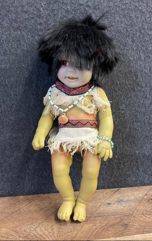 Vintage Native American Style Doll Vinyl 13" Beaded Outfit Faux Fur Hair