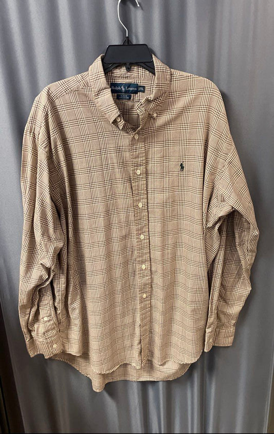 Ralph Lauren Men's Brown White Plaid Blake Cotton Button Down Shirt Size XL